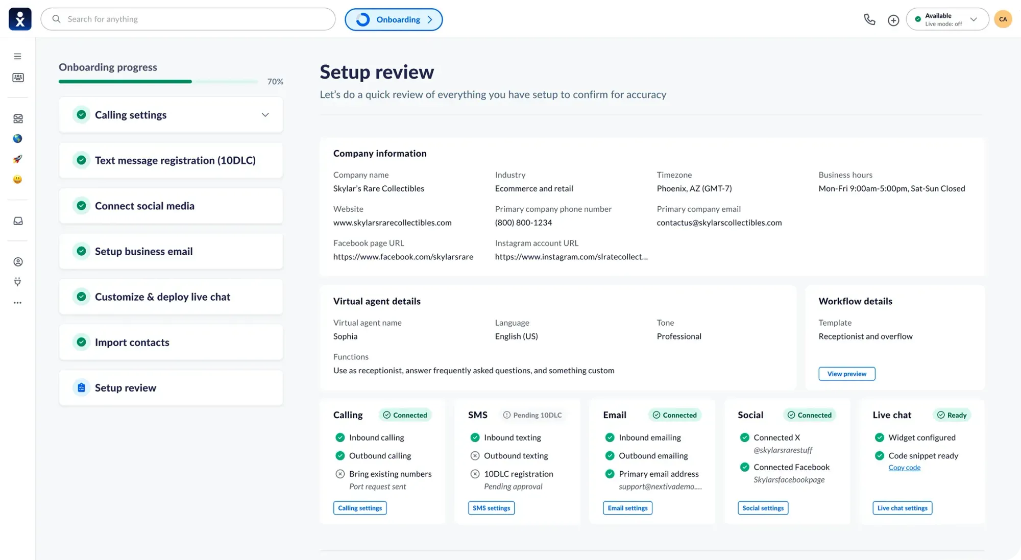 Nextiva XBert setup dashboard